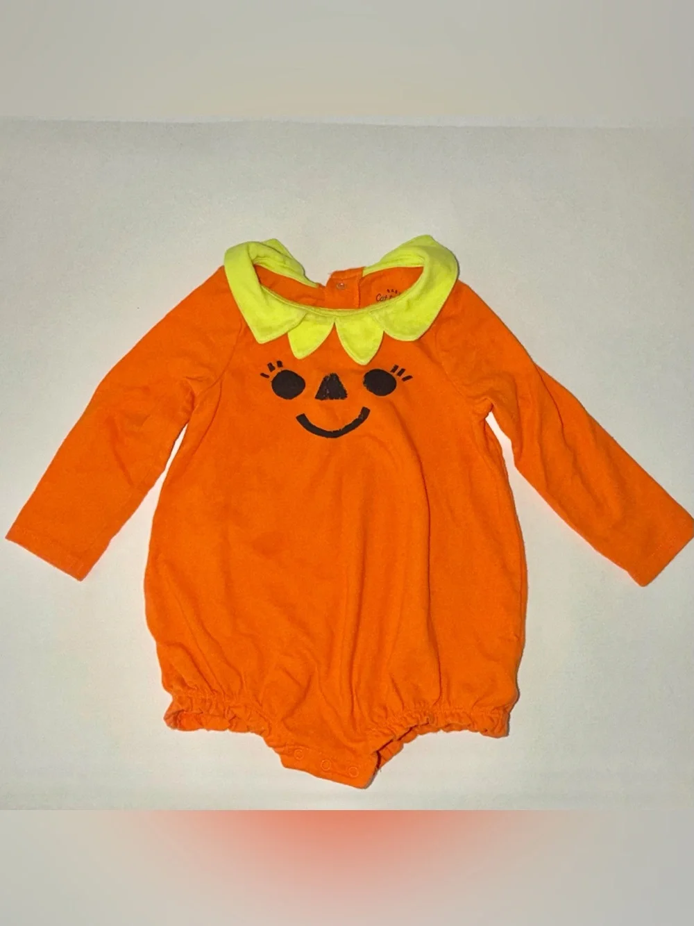 Cat & Jack Orange Pumpkin Long Sleeve Romper with Lime Collar